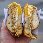 Scrapple & Egg with Cheddar and Maple Syrup on Cracked Pepper and Salt Bagel ($7.50)<br/>